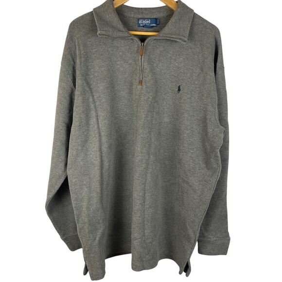 Vintage 90’s Polo Ralph Lauren Gray Quarter Zip Leather Tab Pullover Size XLT - Picture 3 of 9
